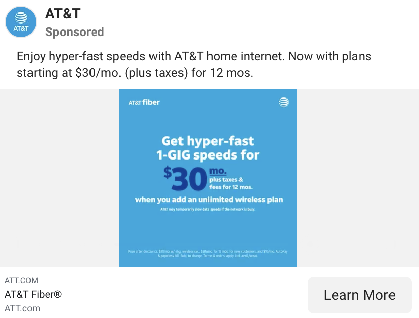 Facebook ad from AT&T: fiber home internet plans starting at $30 a month for 12 months.