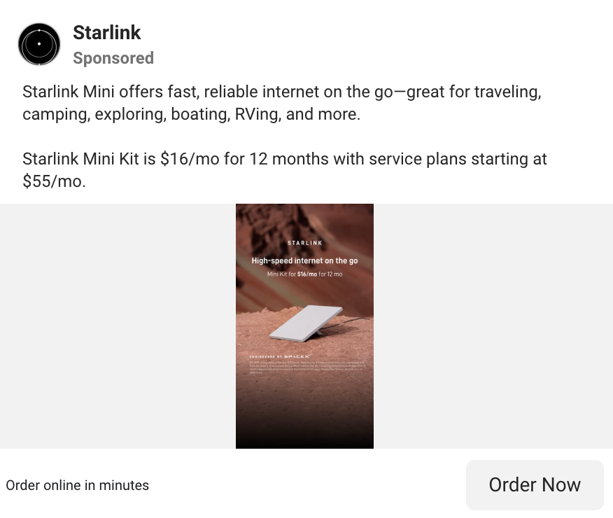 Facebook ad from Starlink: the Mini kit for $16 a month for 12 months with service plans starting at $55 a month.