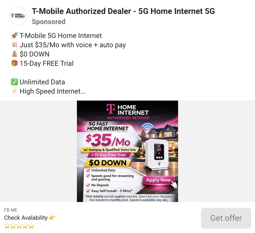 Facebook ad from a T-Mobile authorized dealer: 5G home internet for $35 a month with autopay, $0 down, 15-day free trial.