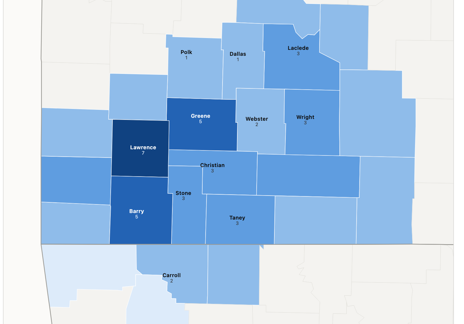 County map from the sample report: a Missouri and Arkansas footprint shaded by the number of fast-wireline competitors in each county.